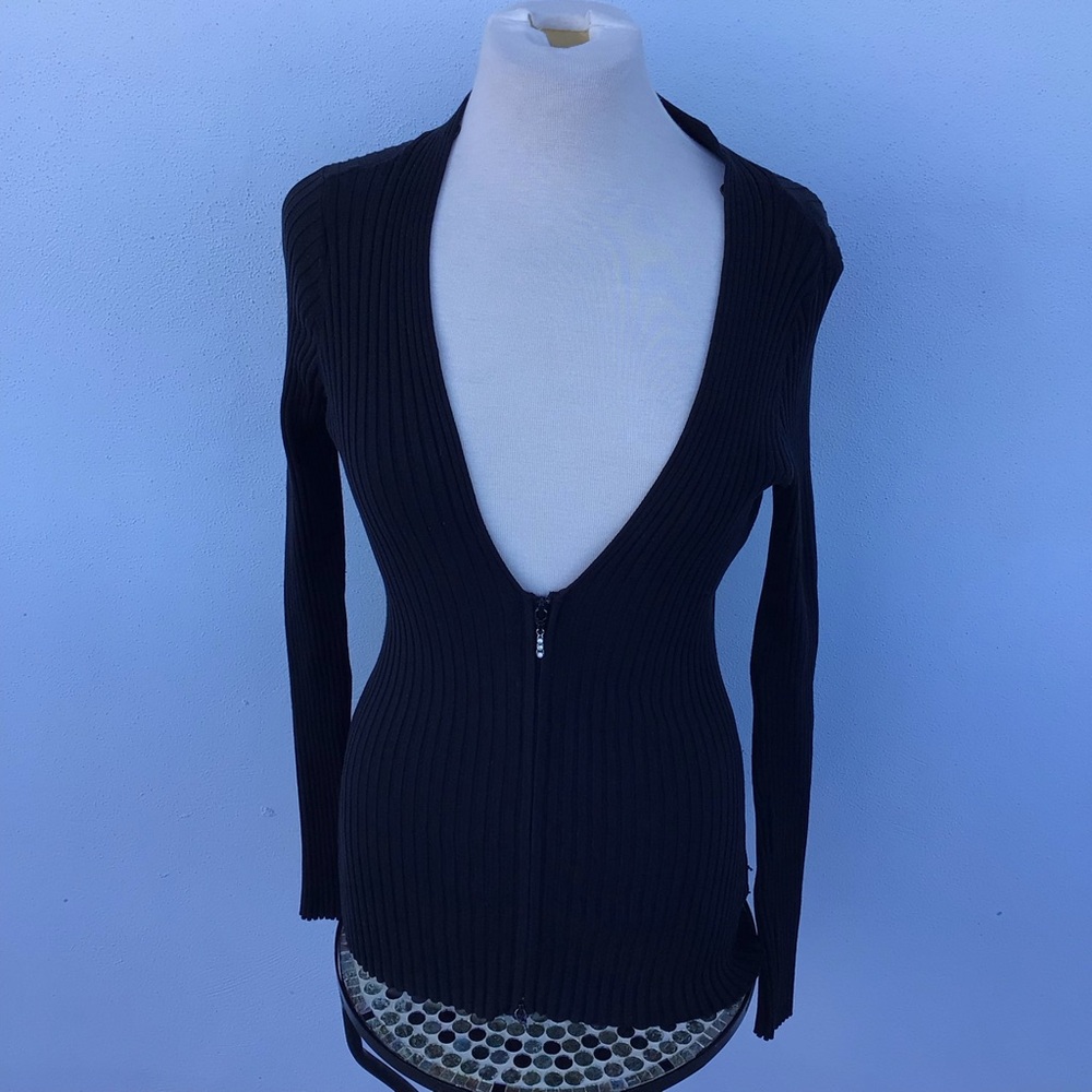 Cache Black Ribbed V-Neck Zip-Up Sweater with Rhinestone Zip Pull Accent - Picture 9 of 10